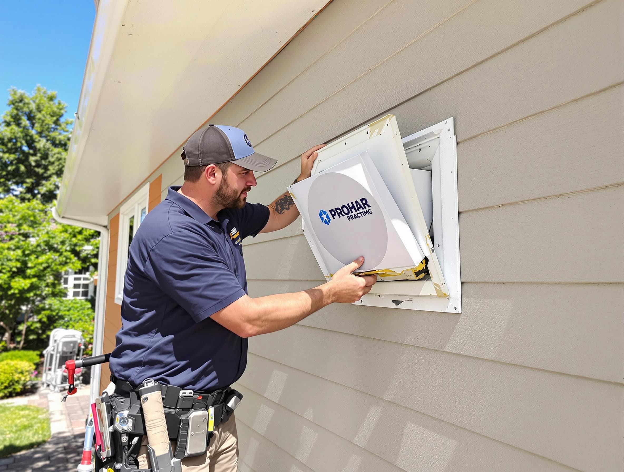Chandler Dryer Vent Cleaning technician installing a new protective dryer vent cover on a home in Chandler