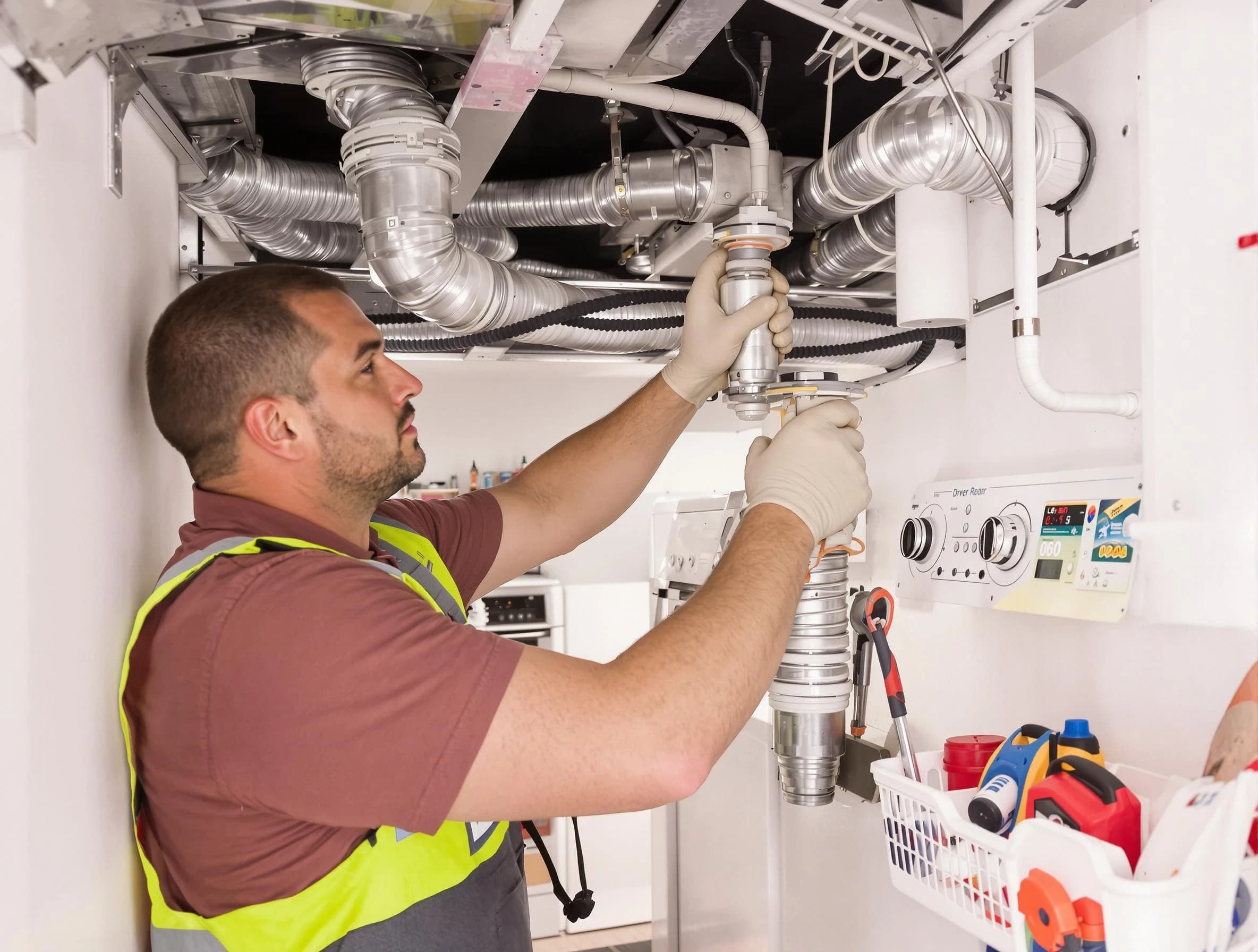 Chandler Dryer Vent Cleaning expert performing both repair and installation work on a dryer vent system in Chandler