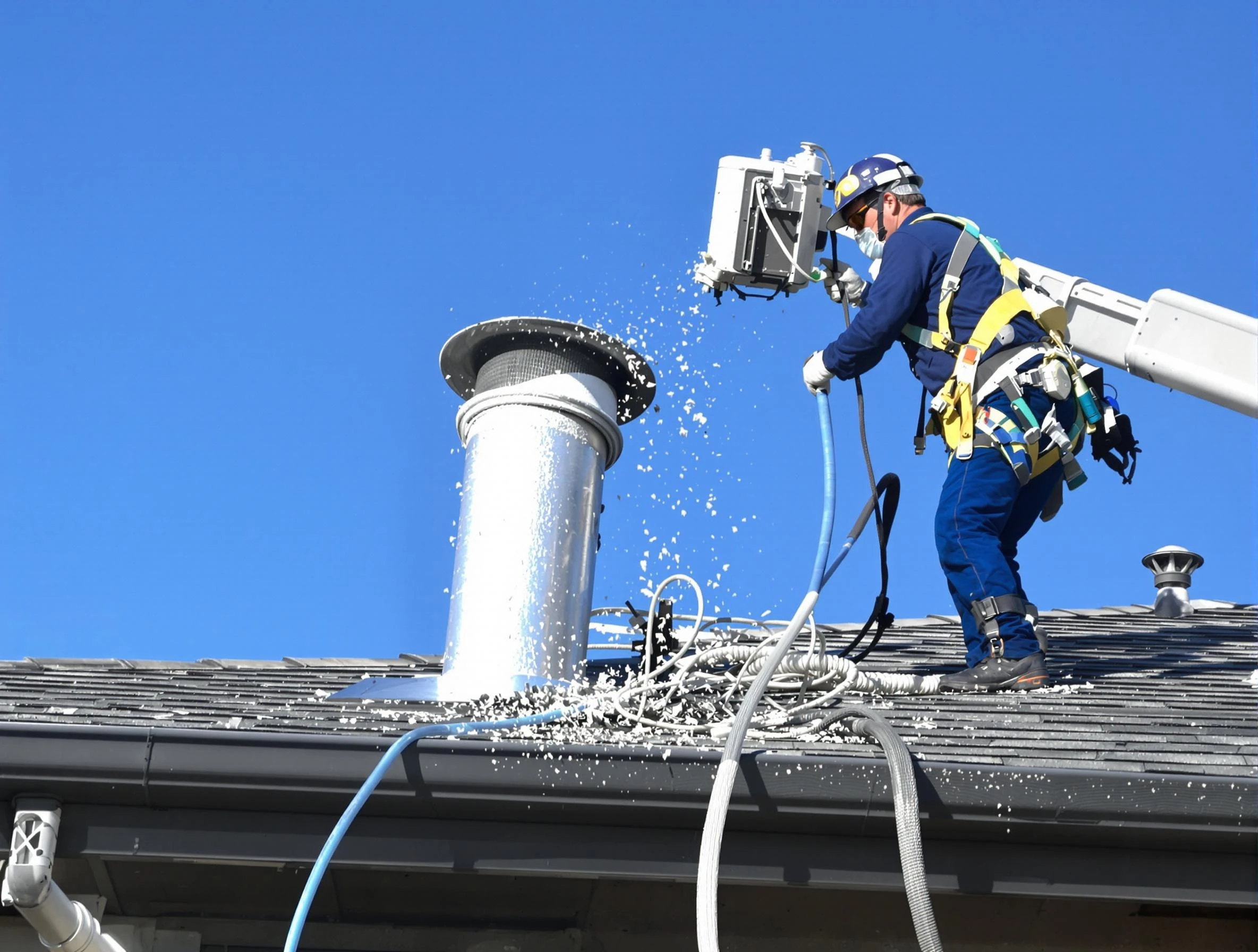 Chandler Dryer Vent Cleaning certified technician safely cleaning a roof-mounted dryer vent in Chandler