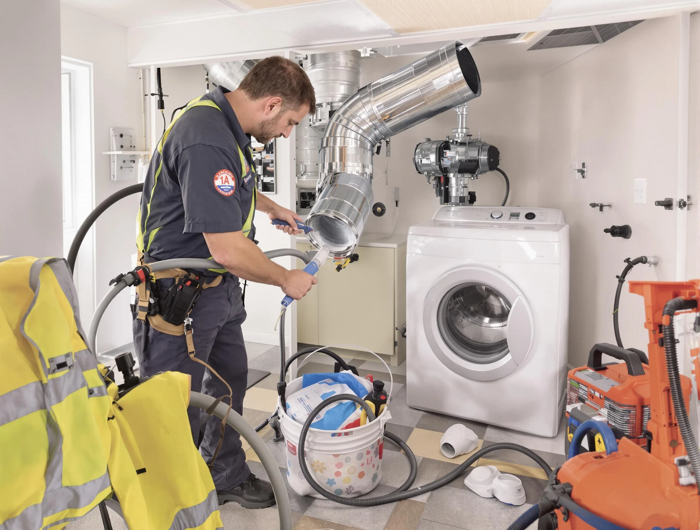 Chandler Dryer Vent Cleaning technician using specialized equipment to clear severe dryer vent blockage in Chandler